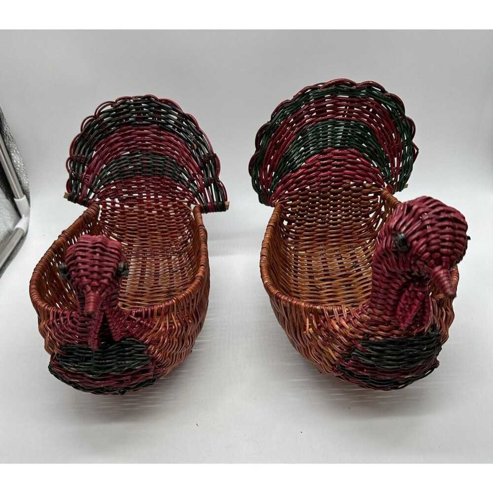 2 Vintage Turkey Multicolor Wicker Basket Thanksgiving Holiday Figural Woven